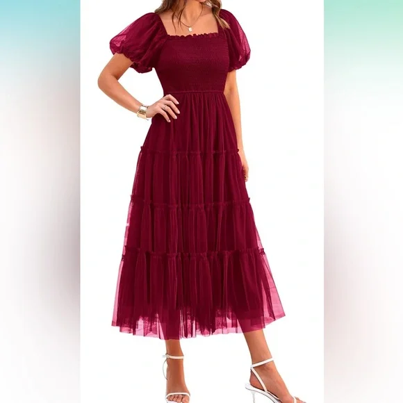 Smocked Tulle Midi Dress | 2025 Summer | Square Neck | Puffy Short Sleeve - Picture 2 of 7